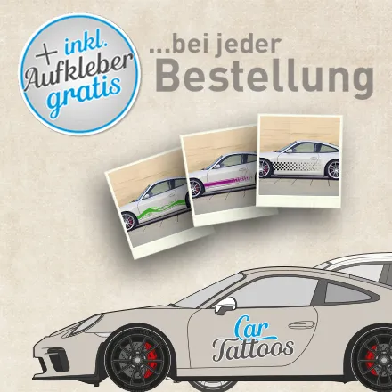 Headergrafik Shop Car Tattoos Autoaufkleber - Ansicht von mehreren Fahrzeugen verziert mit Aufklebern aus unserem Sortiment